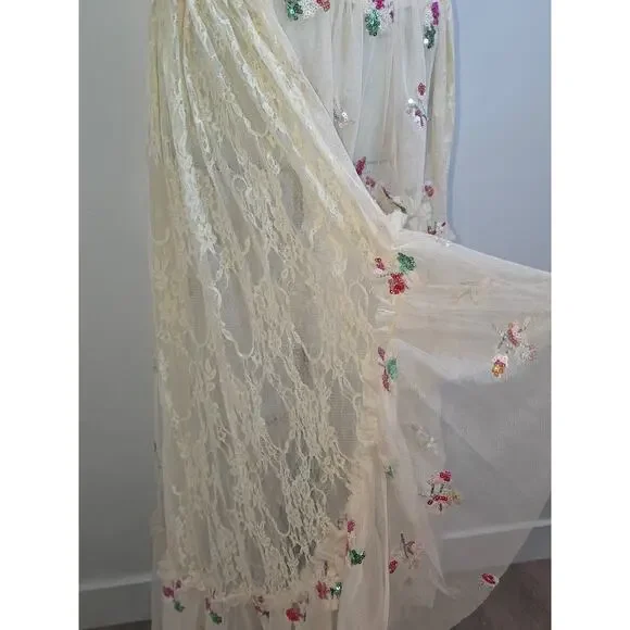 Sheer Skirt Small Cream Lace Embroidery Floral Whimsical Fairy Festival Keilah - Picture 3 of 10